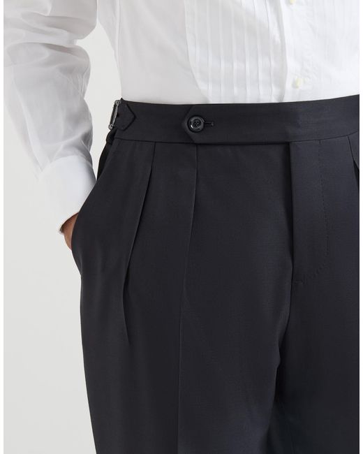 Brunello Cucinelli Blue Virgin Wool And Silk Lightweight Twill Tuxedo Trousers With Double Pleats And Waist Tabs for men