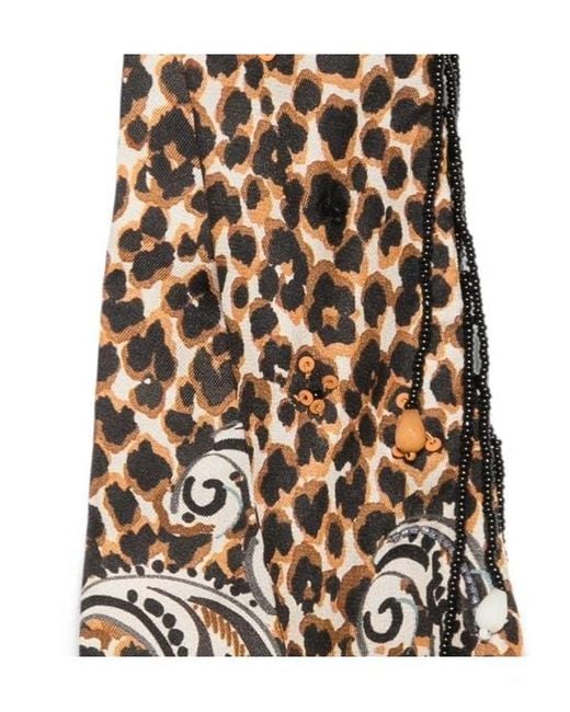 Etro White Silk Twill Paisleyina With Fringing And Paisley And Leopard Print