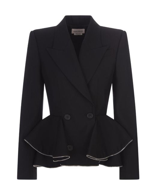 McQueen Black Zipped Peplum Double-Breasted Blazer
