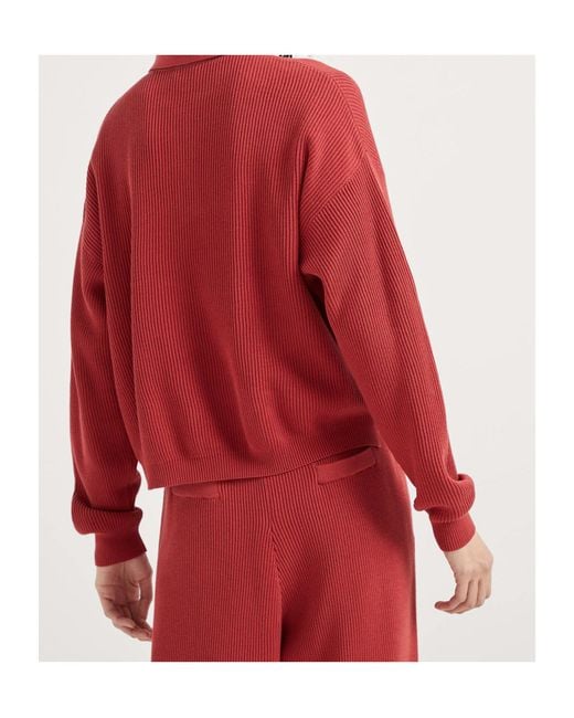 Brunello Cucinelli Red Embellished English Rib Knit Polo Shirt