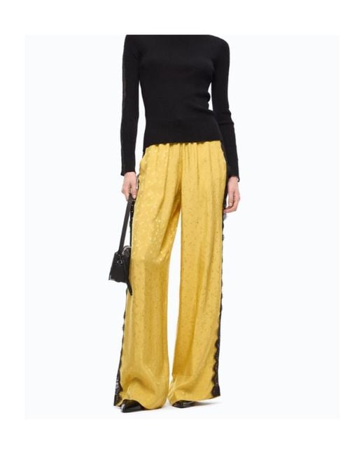 Pinko Yellow Lace-Trim Floral-Jacquard Trousers