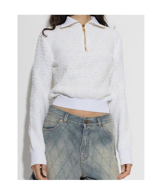 Balmain White Half-Zip Textured-Knit Sweater