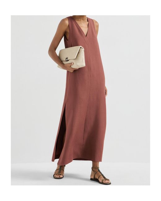 Brunello Cucinelli Purple V-Neck Monili-Detail Midi Dress