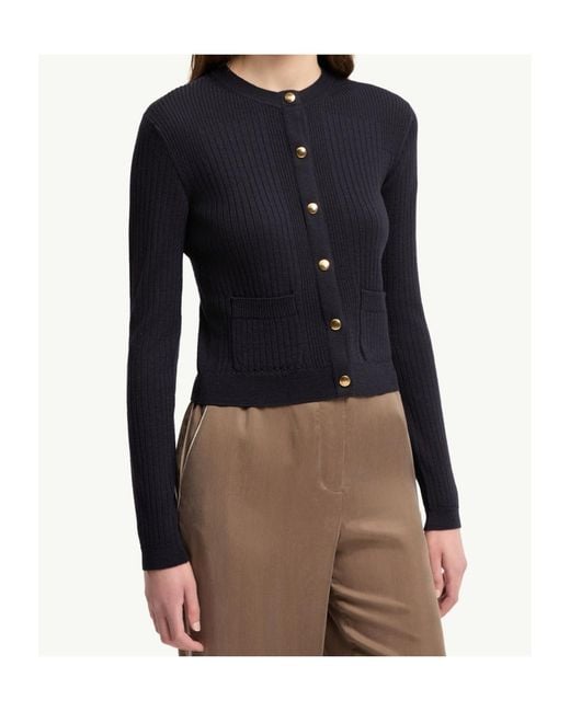 Moncler Blue Leather Logo Wool Blend Cardigan