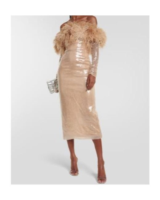 David Koma Natural Feather-Trimmed Sequined Midi Dress