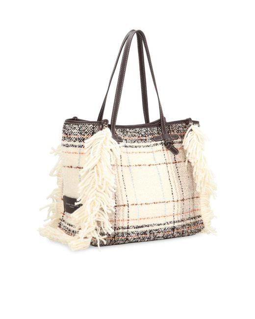 Gianni Chiarini Natural Plaid Fringed Tote Bag