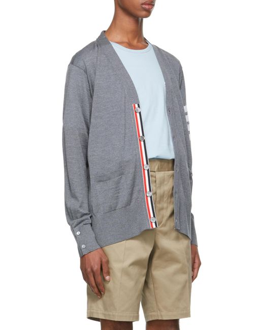 Thom Browne Gray Bar Striped V-Neck Cardigan for men