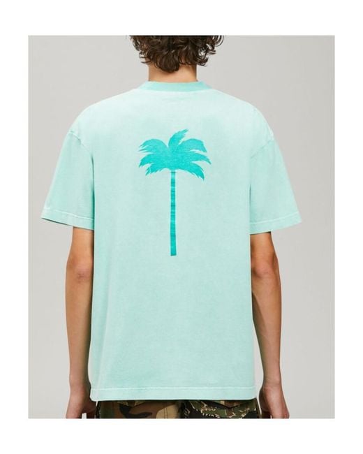 Palm Angels Green Palm Tree-Logo Cotton T-Shirt for men