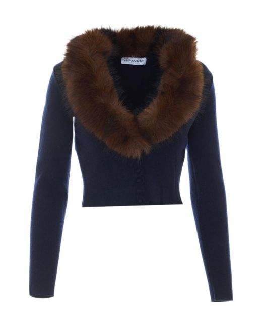 Self-Portrait Blue Faux-Fur Knit Cardigan