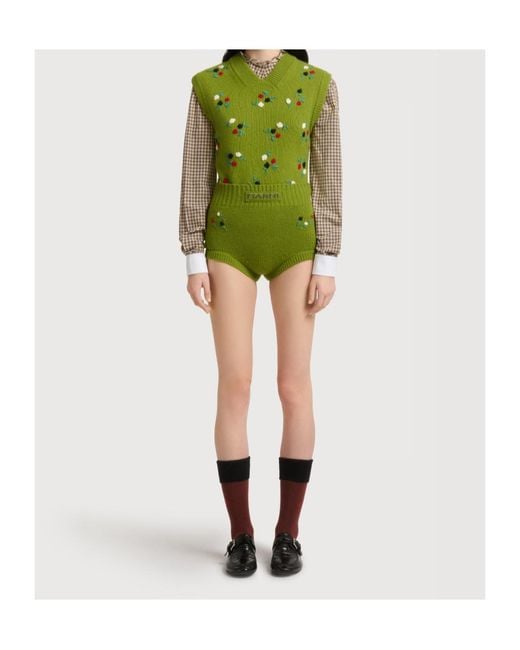 Marni Green Wool-Cashmere Briefs With Flower Embroidery