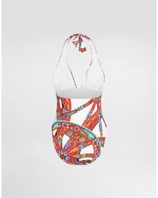Dolce & Gabbana White Carretto-Print One-Piece Swimsuit