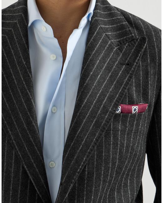 Brunello Cucinelli Black Virgin Wool And Cashmere Chalk Stripe Flannel Deconstructed Blazer With Large Peak Lapels And Metal Buttons for men