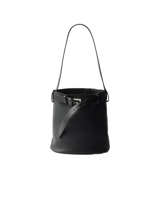 Prada Black Buckle Leather Bucket Bag With Belt