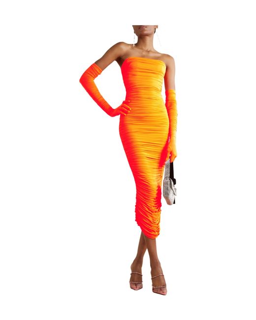 Alex Perry Orange Ruched Stretch Jersey Strapless Dress