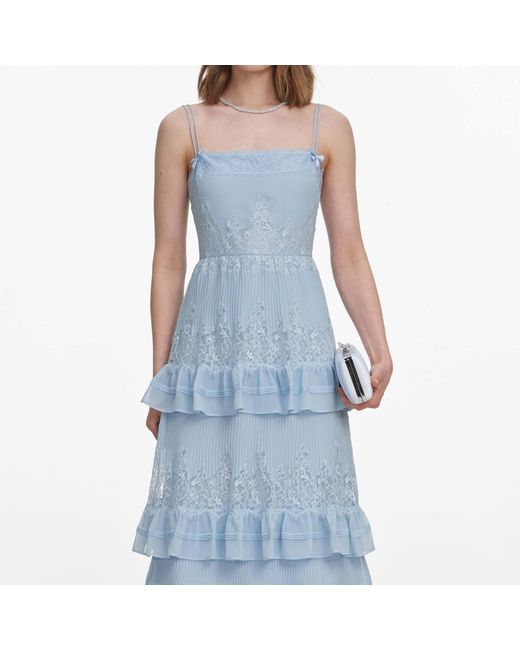 Self-Portrait Blue Lace-Trimmed Ruffled Midi Dress