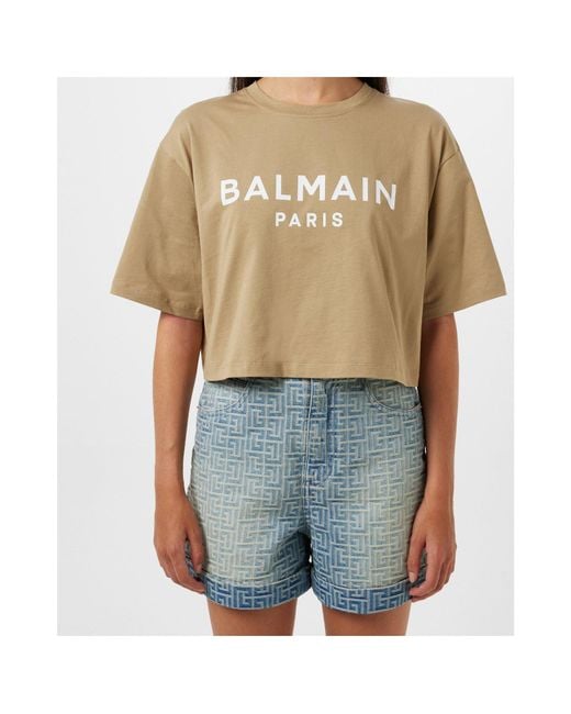 Balmain Natural Logo Print Cropped T-Shirt