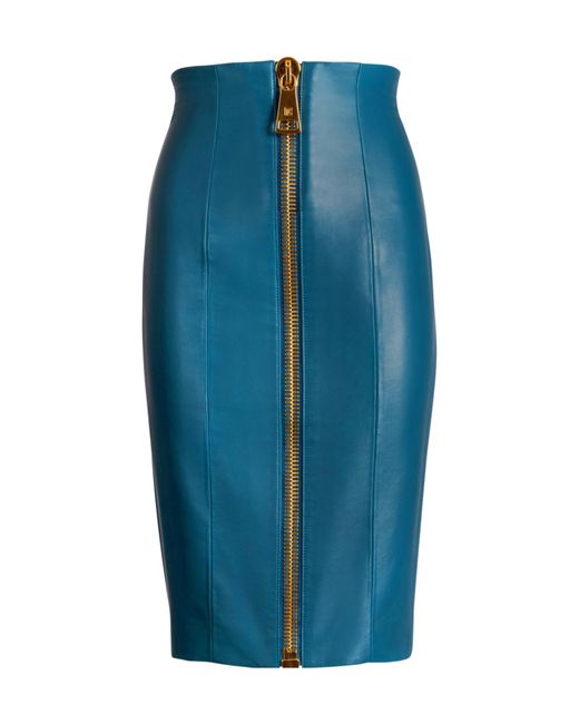 Balmain Blue Zipped Lambskin Skirt