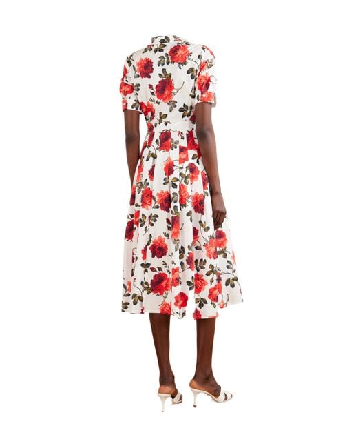 Carolina Herrera Red Floral-Print Cotton-Blend Poplin Midi Dress