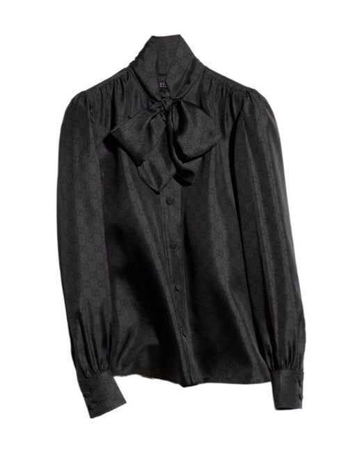 Gucci Black Printed Silk Twill Shirt With Bow