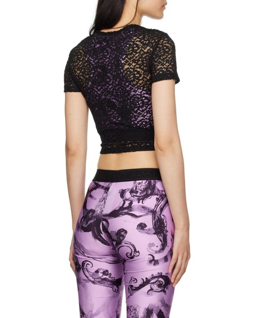 Versace Jeans Black Appliqué-Logo Floral-Lace T-Shirt