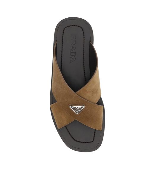 Prada Brown Triangle-Logo Criss-Cross Slides for men