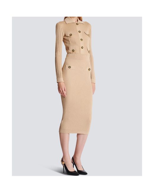 Balmain Natural Button Detailed Ribbed Pencil Skirt