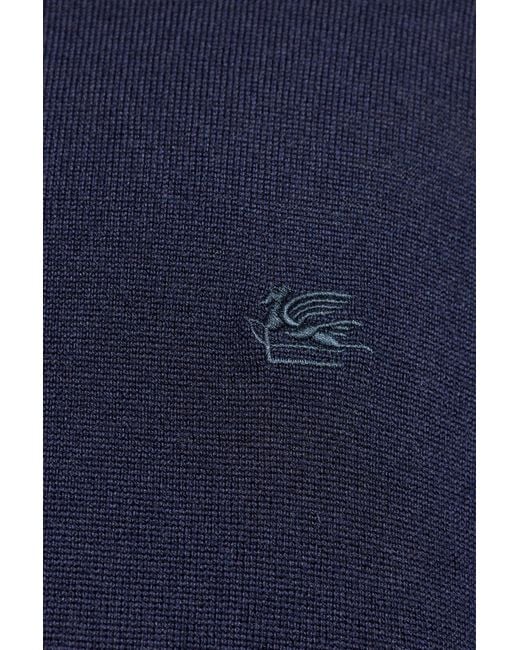 Etro Blue Logo Embroidered Knit Polo Shirt for men