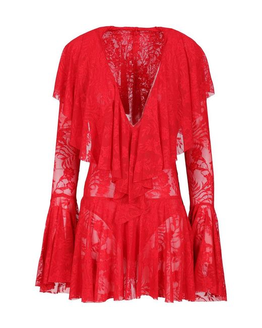 Norma Kamali Red Long Sleeve Deep V Ruffle Mini Dress
