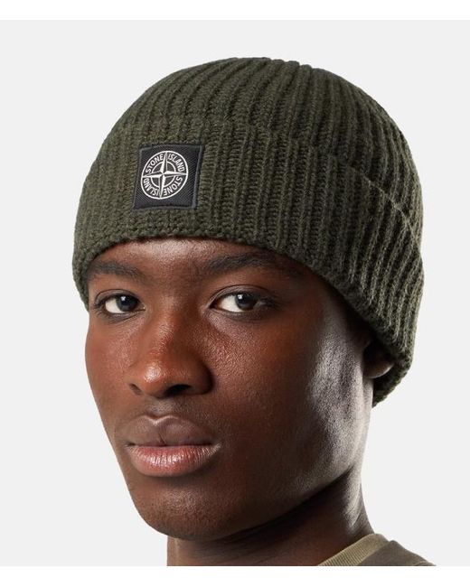 Stone Island Black Ribbed Knit Beanie With Compass Logo Patch for men