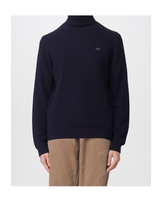 Sun 68 Blue Textured Turtleneck Knitted Sweater for men