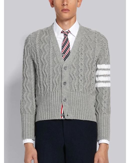Thom Browne Gray 4-Bar Aran Cable Knit Cardigan for men