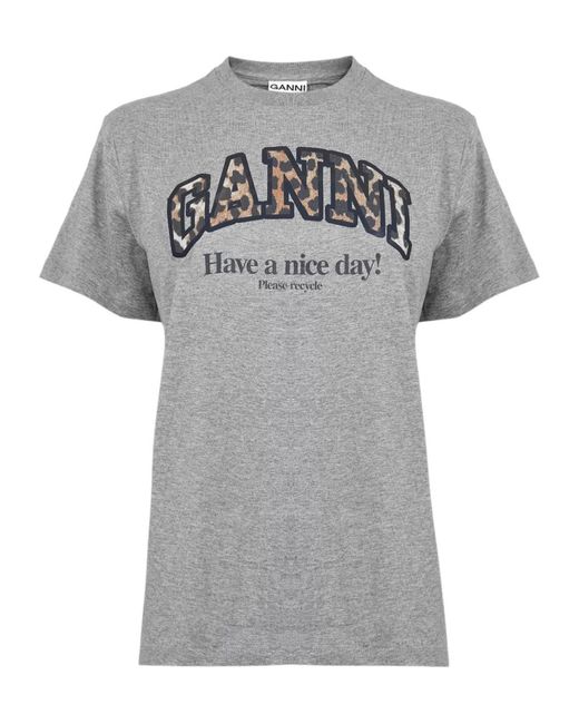 Ganni Gray Logo Crew Neck T-Shirt