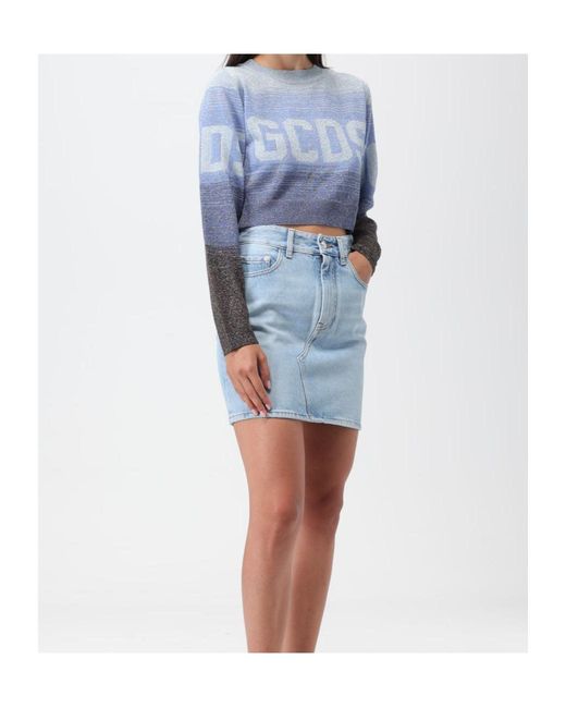 Gcds Blue Intarsia-Knit Logo Cropped Jumper