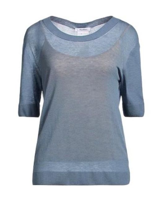 Max Mara Blue Minimalist Wool Knit Short Sleeve Top