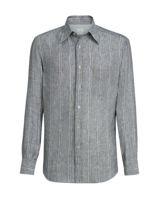 Brunello Cucinelli Gray Striped Long Sleeved Shirt for men