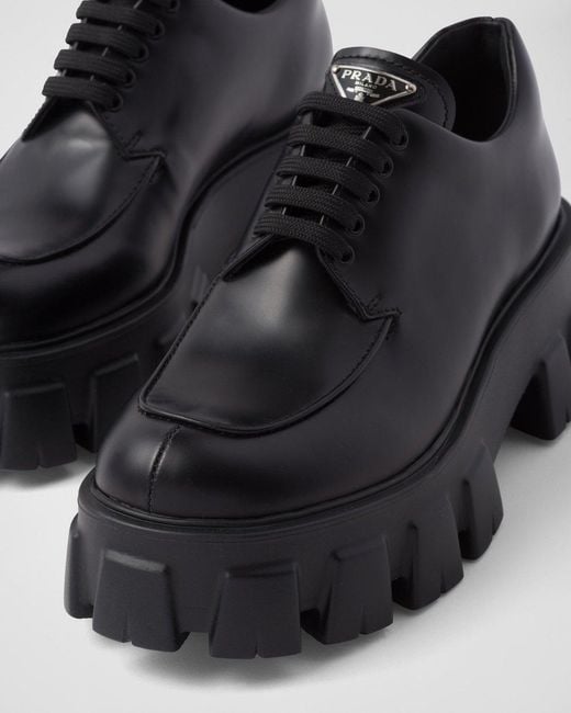 Prada Black Monolith Brushed Leather Lace-Up Shoes