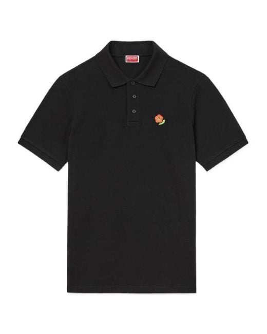 KENZO Black Floral Embroidered Short-Sleeved Polo Shirt for men