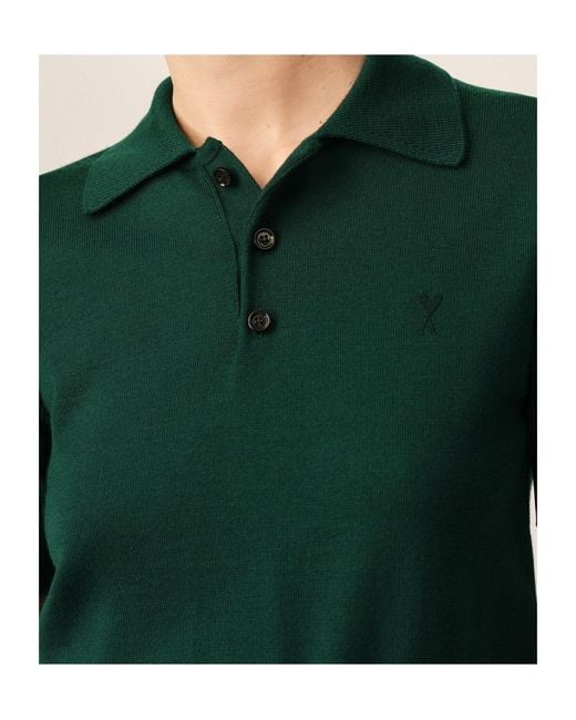 AMI Green Short-Sleeved Wool Knit Polo Shirt
