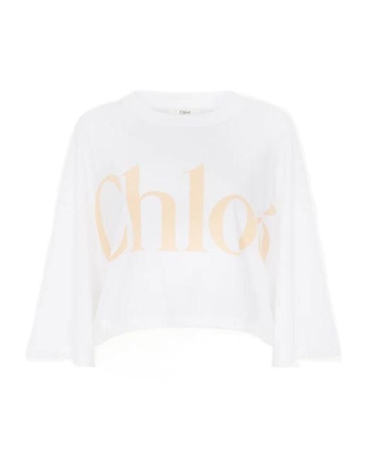 Chloé White Chloé Logo Printed Oversized Cropped T-Shirt