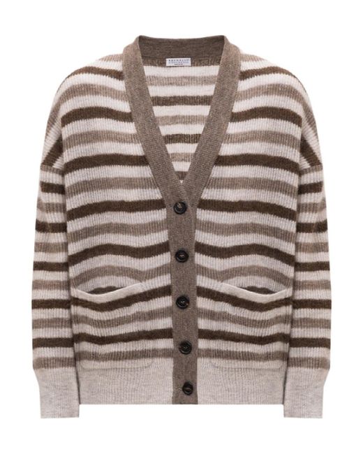 Brunello Cucinelli Gray Striped Knitted Cardigan