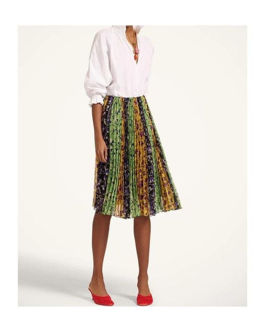 LaDoubleJ Green Floral-Detail Pleated Midi Skirt