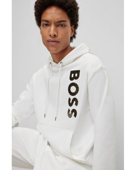 Boss White Logo-Print Cotton Hoodie for men