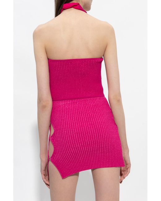 M I S B H V Pink Knitted Halter-Neck Crop Top