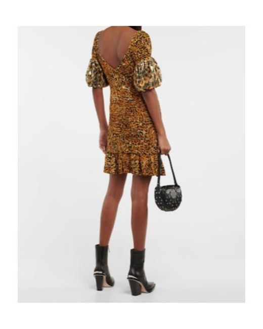 Rabanne Yellow Embellished Animal-Print Ruched Minidress