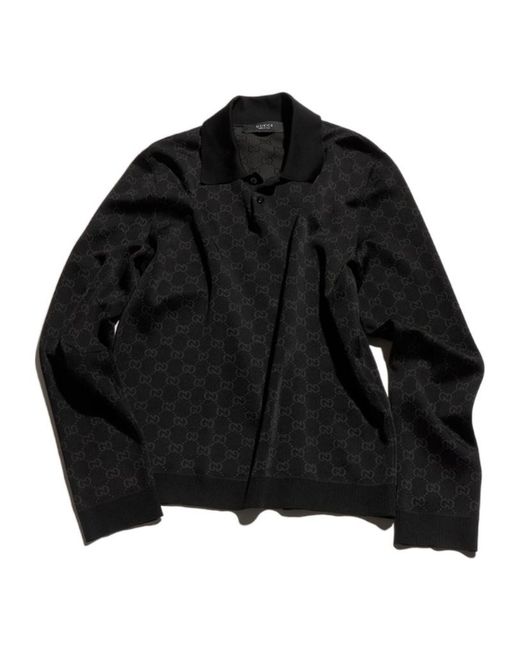 Gucci Black Viscose Gg Jacquard Polo Shirt for men