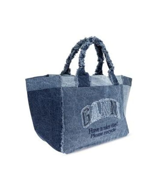 Ganni Blue Patchwork Frayed-Edge Tote Bag