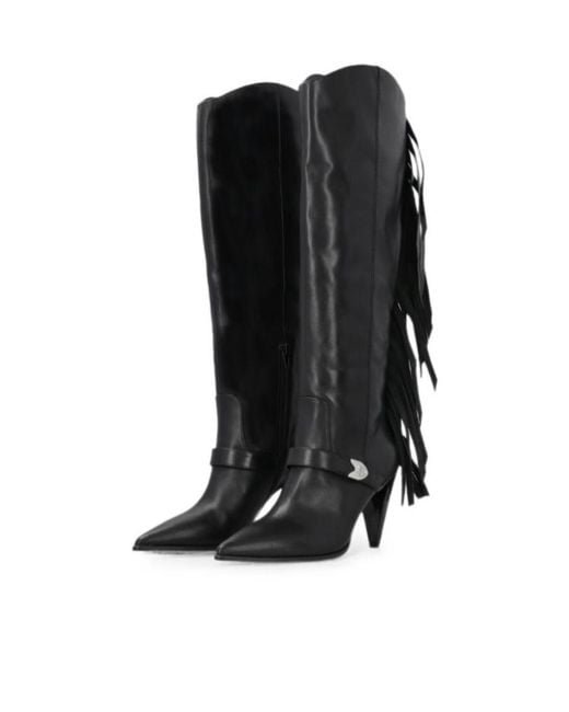 Pinko Black Fringe-Detail Leather Boots