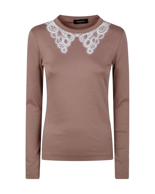 Fabiana Filippi Brown Long Sleeve T-Shirt With Macrame Lace Collar