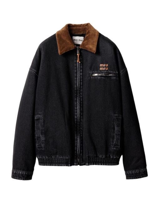 Miu Miu Black Logo-Patch Zipped Denim Padded Jacket
