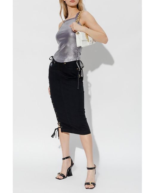 Versace Jeans Black Couture Lace-Up Detailed Midi Denim Skirt